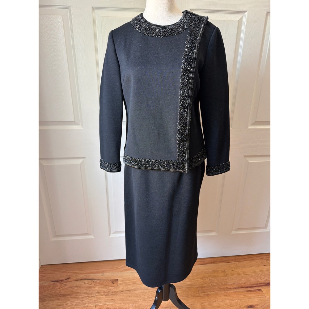 St. Andrews Skirt Suit Womens 8 Black Wool Beaded Vintage Formal Evening Retro